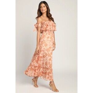 LULUS Love and Blooms Blush Floral Print Off-the-Shoulder Dress Small